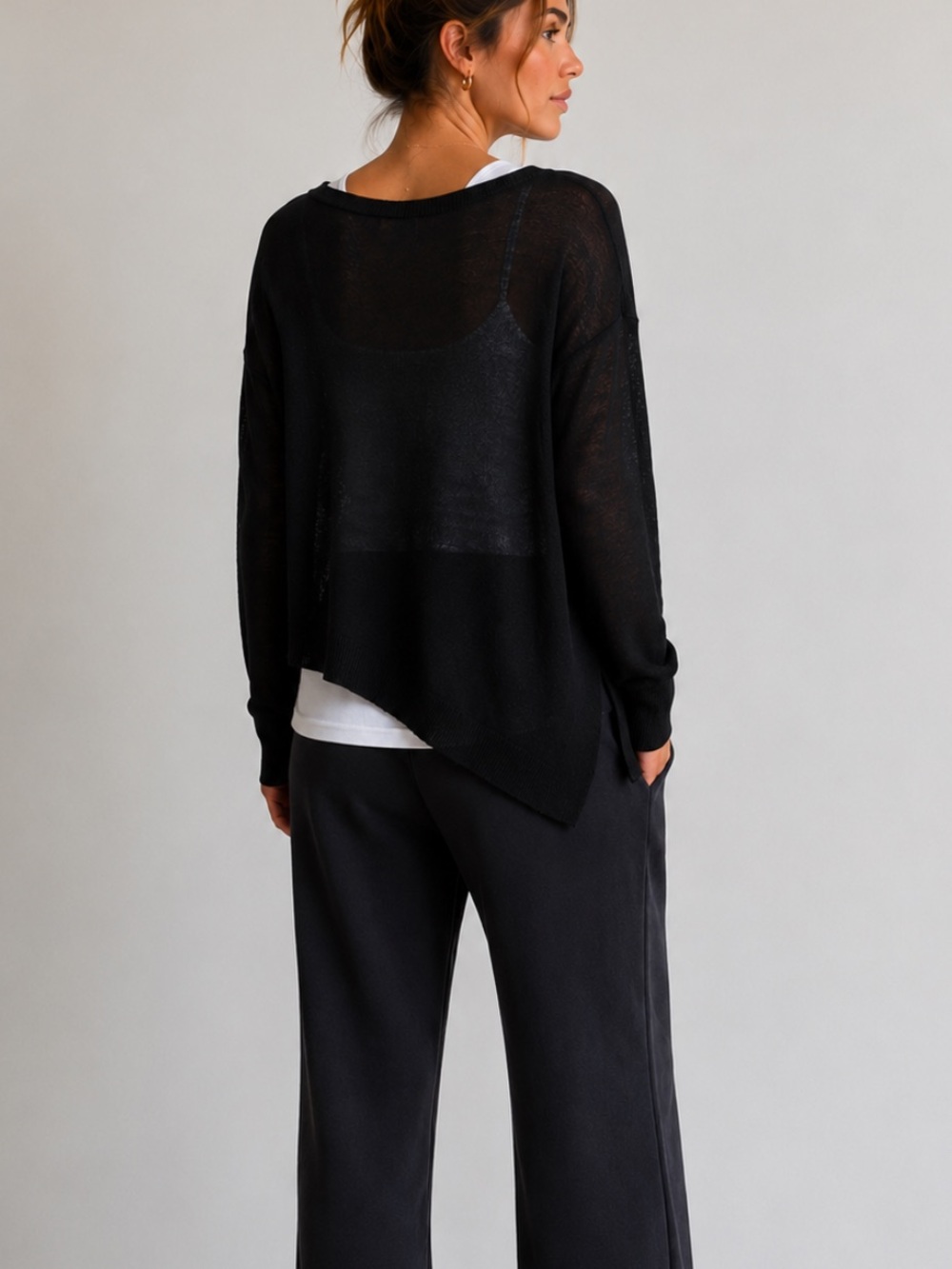 Wilfred Aritzia Black Sheer Knit Top Asymmetric High Low Hem Relaxed Fit S
